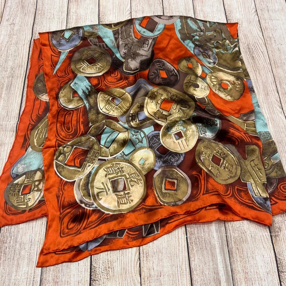 Tongyu 100% Silk Scarf Orange Ancient Chinese Coin Print Square Hand Rolled 21in